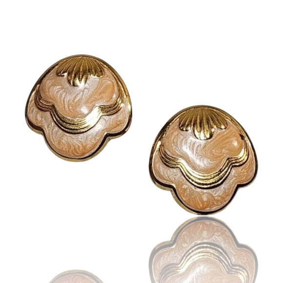 Vtg Enamel Peach Clip On Earrings Woman' Jewelry 80's Goldtone Retro Swirl Shell - Picture 1 of 11
